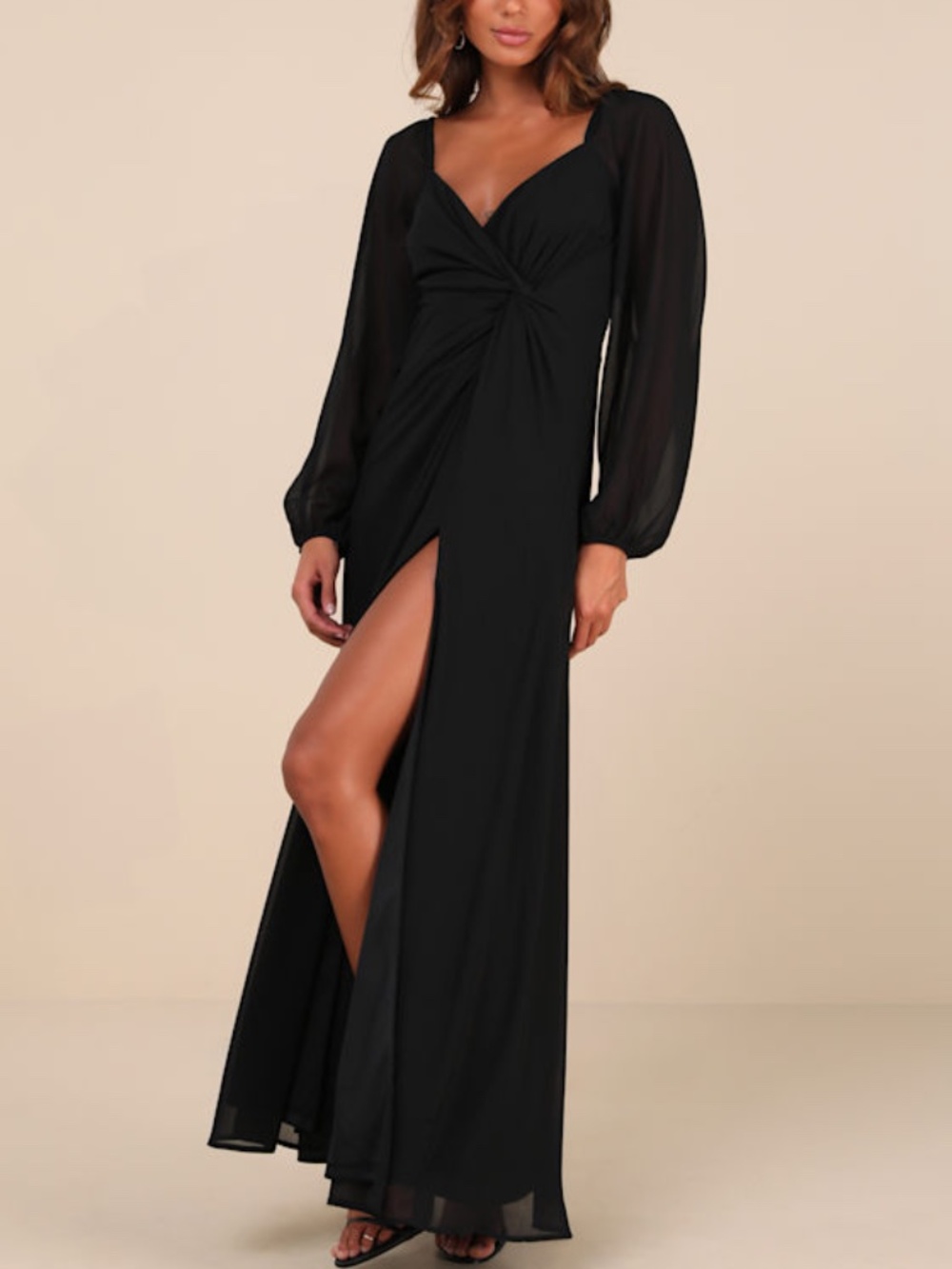 Lulus Composed Soiree Black Twist-front Long Sleeve Maxi Dress - Size L